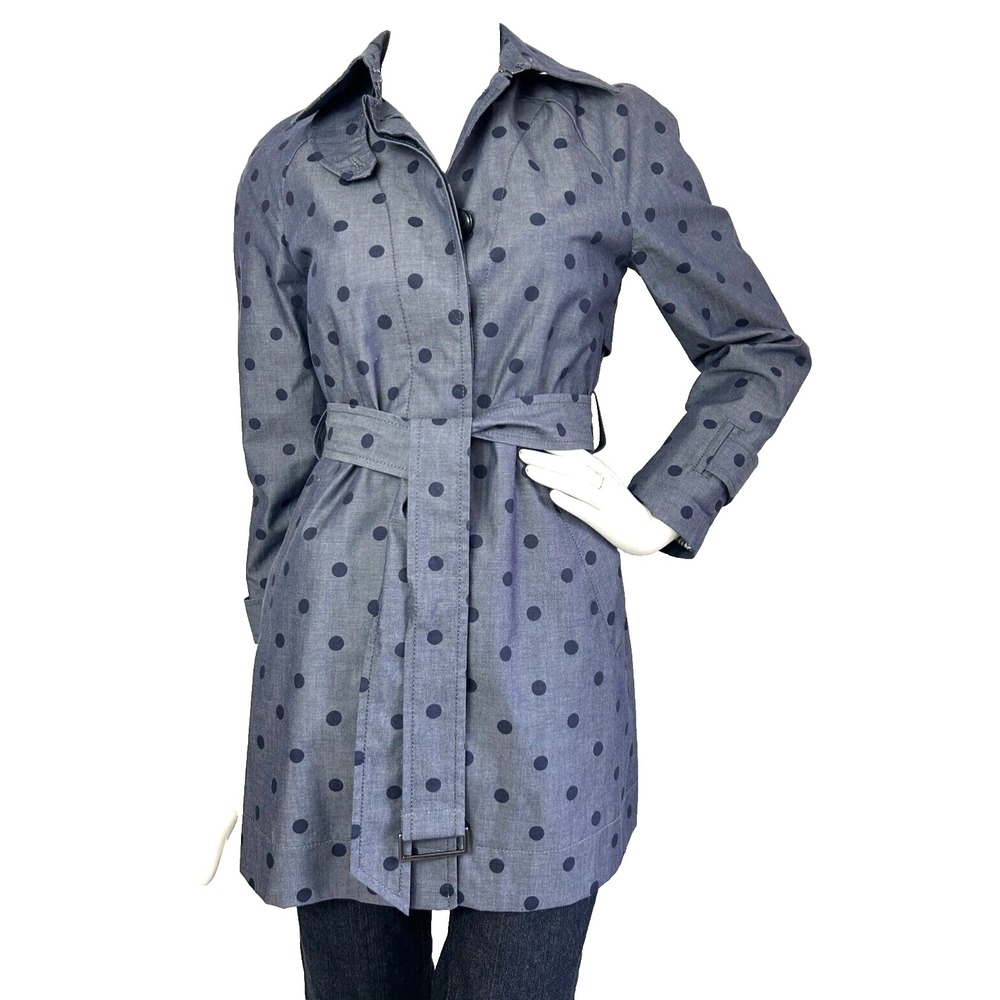 Banana Republic Polka Dot Trench Coat Blue Gray Chambray Belted Rain Jacket XS